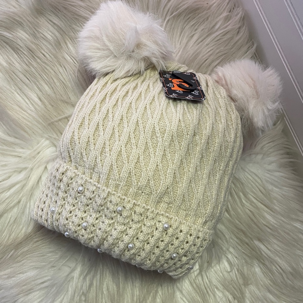 Pearl Knitted Cream Lined Winter Hat with Double Faux Fur Pompoms